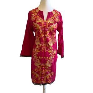 Sana Safinaz Kameez Tunic M Pink Multicolor Embroidered Kaftan Long Sleeve NWOT